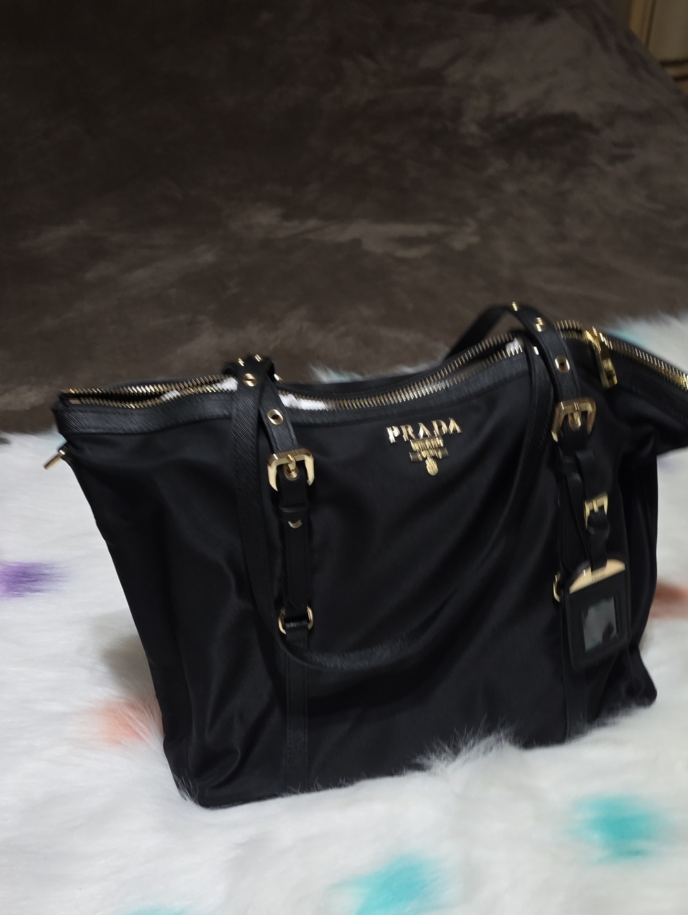 Prada Black Nylon Tote with Gold-Tone Hardware